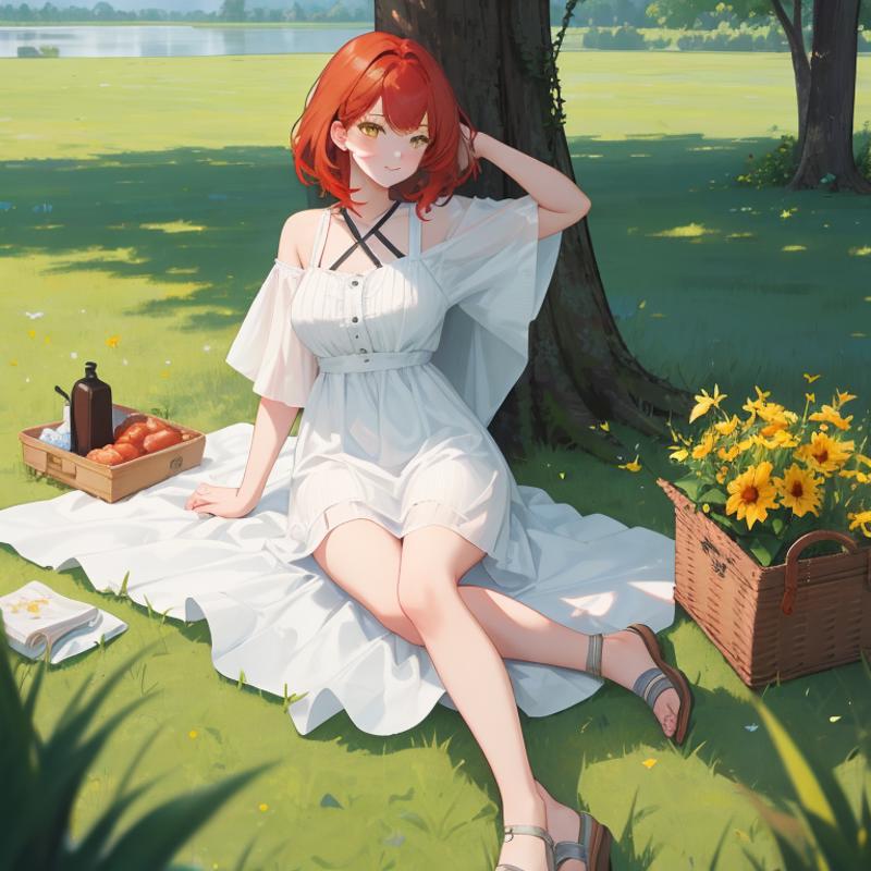 00147-2299588985-1Girl, mature, American, redhead, medium hair, yellow eyes, sitting on a picnic blanket near a lake, elegant summer dress, happy.png